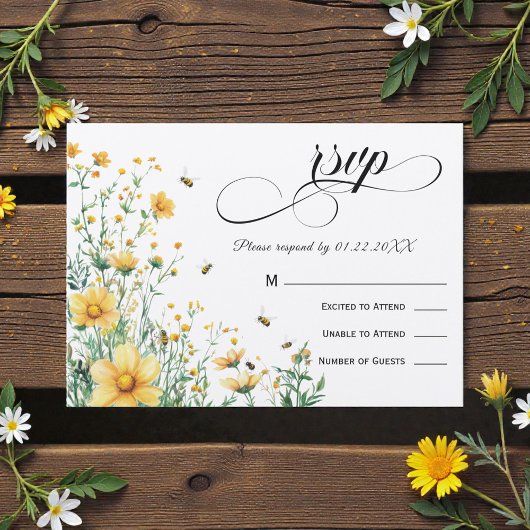 Meant to Bee Rustic Yellow Wedding RSVP Kaart