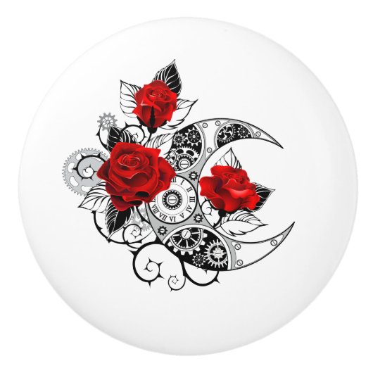 Mechanical Crescent with Red Roses Keramische Knop (Voorkant)