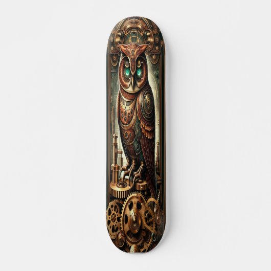 "Mechanical Wisdom: Victoriaans Steampunk Uil Skateboard (Voorkant)