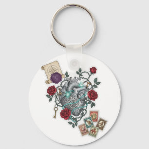 Mechanisch Hart met Rozen – Vintage Surrealistisch Sleutelhanger