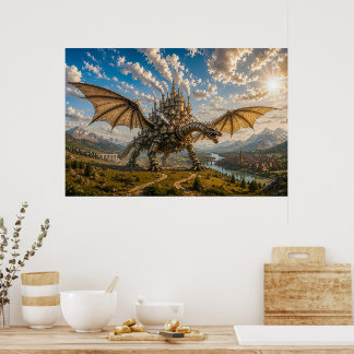 Mechanische Draak met een Stoomfantasie Stad Poster