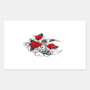 Mechanische haling met rode rozen rechthoekige sticker