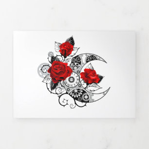 Mechanische halve maan met rode rozen drieluik uitnodiging