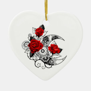 Mechanische Halve Maan met Rode Rozen Keramisch Ornament
