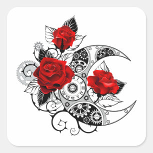 Mechanische Halve Maan met Rode Rozen Vierkante Sticker
