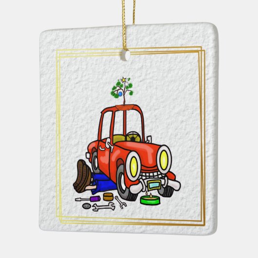 Mechanische kerstversiering met auto keramisch ornament (Links)