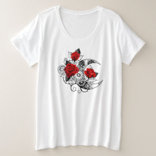 Mechanische Maan met Rode Rozen Grote Maat T-shirt