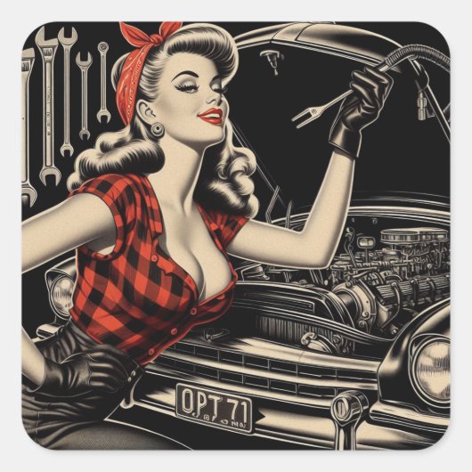  Mechanische Pin Up Vierkante Sticker (Voorkant)