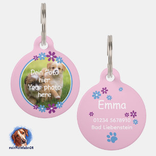 Médaille de chien rose bleue lilas fleurs