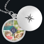 Médaillon Avec Fermoir Collage photo de monogramme de la Marine<br><div class="desc">Collier de casier personnalisé avec monogramme personnalisé et collage carré de 4 photos en bordure de votre monogramme ou autre texte personnalisé dans un cadre diamant. Cliquez sur Customiser pour modifier le texte, les polices et les couleurs afin de créer un design unique. Un cadeau parfait pour la famille, les...</div>