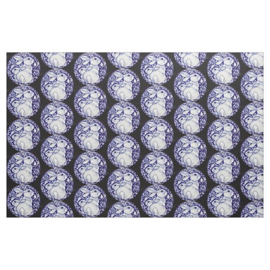 Médaillon lapin bleu et blanc tissu noir (Fat Quarter)