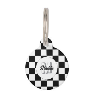 Médaillon Pour Animaux à damiers carré noir et blanc rétro Monogramme
