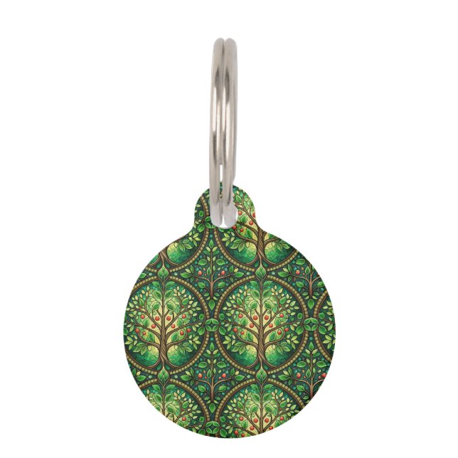 Médaillon Pour Animaux A round keychain with a green, tree-patterned  (Devant)