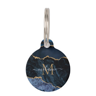 Médaillon Pour Animaux Agate Marine Blue Gold Gemstone Marble Nom du mono