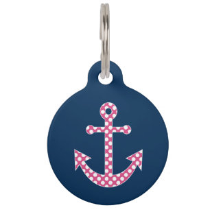 Médaillon Pour Animaux Ancre à points polka roses mignons avec Navy Nom