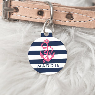 Médaillon Pour Animaux Ancre de bande marine et rose nautique personnalis