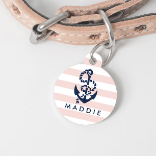Médaillon Pour Animaux Ancre de bande rose marine personnalisée