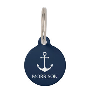 Médaillon Pour Animaux Ancre nautique marine bleu personnalisé Nom info c
