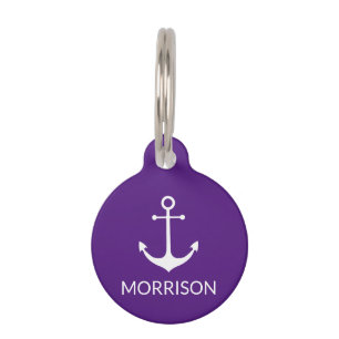 Médaillon Pour Animaux Ancre nautique Personnalisé chien blanc violet Nom