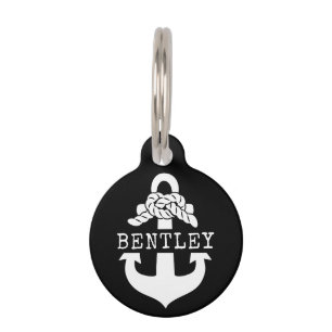 Médaillon Pour Animaux Ancre noire marine Nom personnalisé