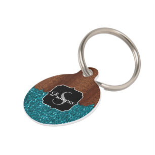Médaillon Pour Animaux Aqua bleu étincelle bois brun rustique Monogramme