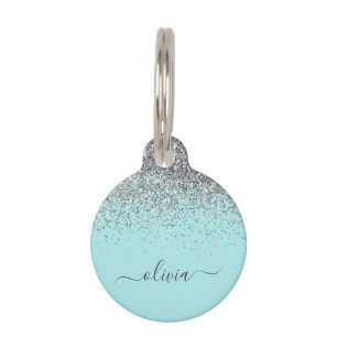 Médaillon Pour Animaux Aqua bleu Turquoise Parties scintillant argent Mon
