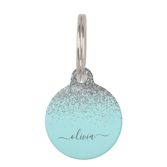 Médaillon Pour Animaux Aqua bleu Turquoise Parties scintillant argent Mon (Devant)