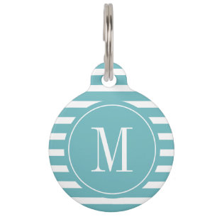 Médaillon Pour Animaux Aqua moderne Bleu et Blancs avec Monogramme