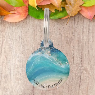 Médaillon Pour Animaux Aquarelle Bleu Blanc Océan Vague Personnalisée Nom