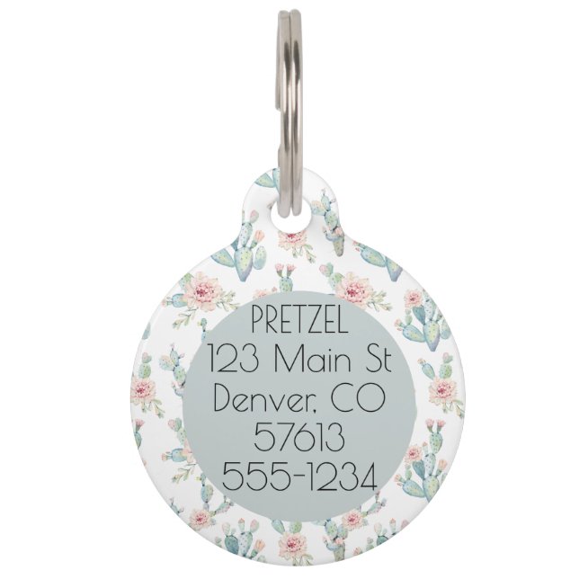 Médaillon Pour Animaux Aquarelle Floral Cactus Patet Nom de l'animal (Devant)