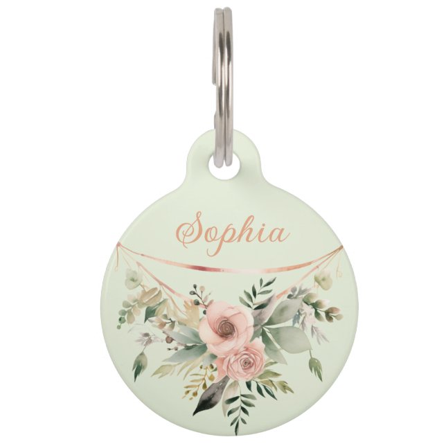 Médaillon Pour Animaux Arrangement floral rose sur Sage Green (Devant)