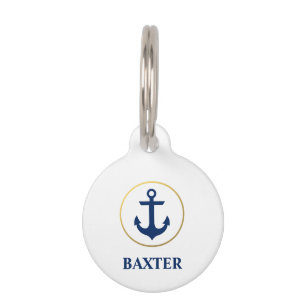 Médaillon Pour Animaux Balise d'Ancre en or bleu marine - Téléphone sur l