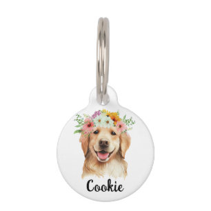 Médaillon Pour Animaux Balise Golden Retriever Watercolor Flower Round Pe