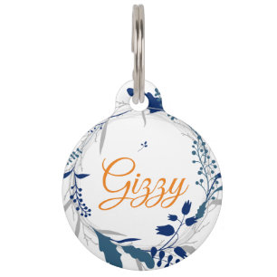 Médaillon Pour Animaux Balise Pet Rond Floral Bleu