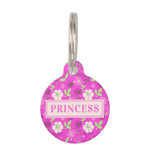 Médaillon Pour Animaux Balise Pink Floral Custom Dog Name Round Pet ID