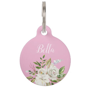 Médaillon Pour Animaux Balise Pink Floral Personnalisé Calligraphie Pet I
