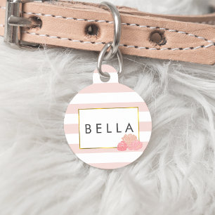 Médaillon Pour Animaux Balise Pink Stripe & Blush Peony Personnalisée