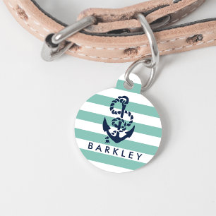 Médaillon Pour Animaux Bande de menthe marine et Ancre marine personnalis
