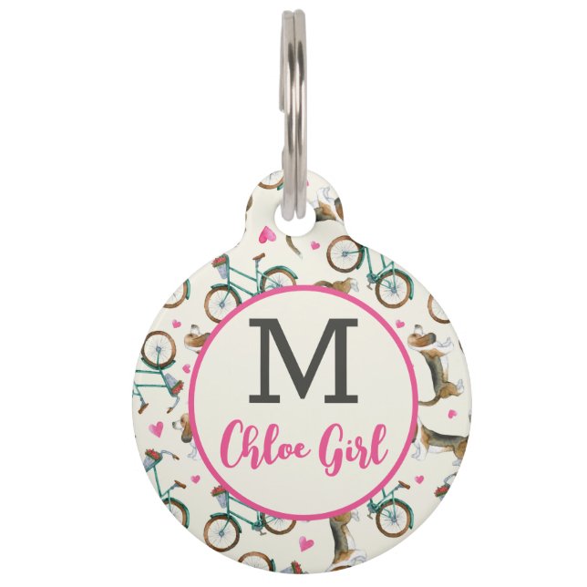 Médaillon Pour Animaux Bicyclettes Fille tendance Chiens Pink Script Nom  (Devant)