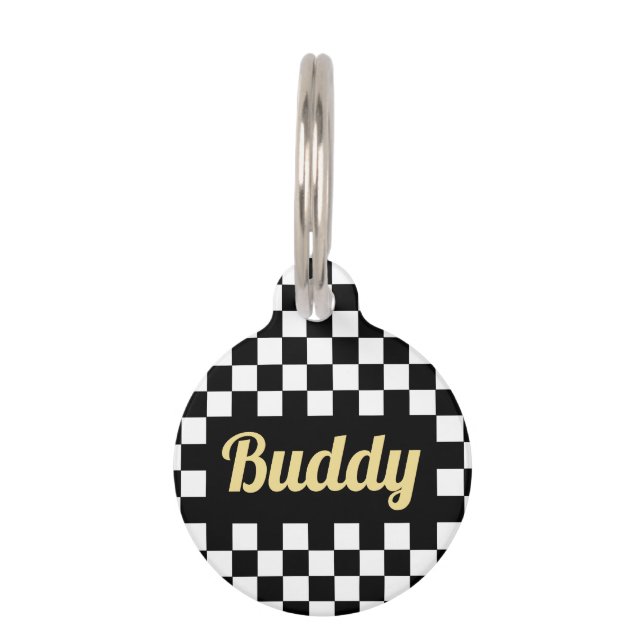 Médaillon Pour Animaux Black White À damiers Gold Chien Nom du chat Moder (Devant)