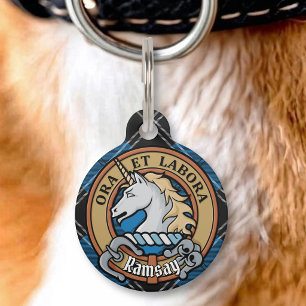Médaillon Pour Animaux Blason du clan Ramsay sur tartan de chasse bleu