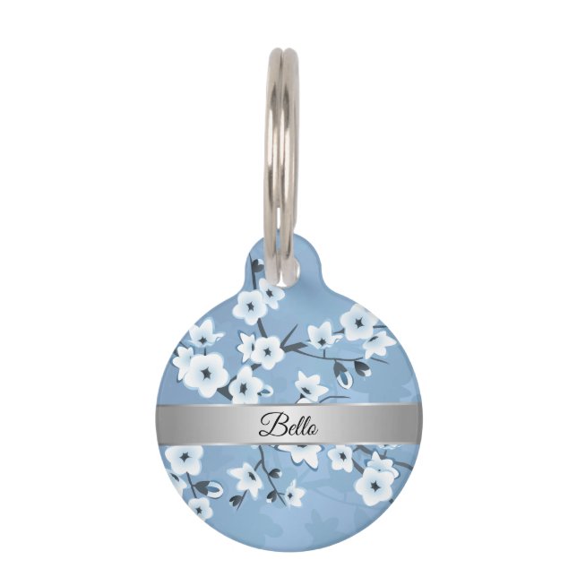 Médaillon Pour Animaux Bleu blanc cerisier Fleur d'argent (Devant)