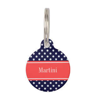 Médaillon Pour Animaux Bleu Marine Blanc Points de Polka Corail Monogramm