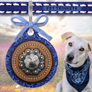 Médaillon Pour Animaux Blue Bandana Cuir et Western Concho Rustique