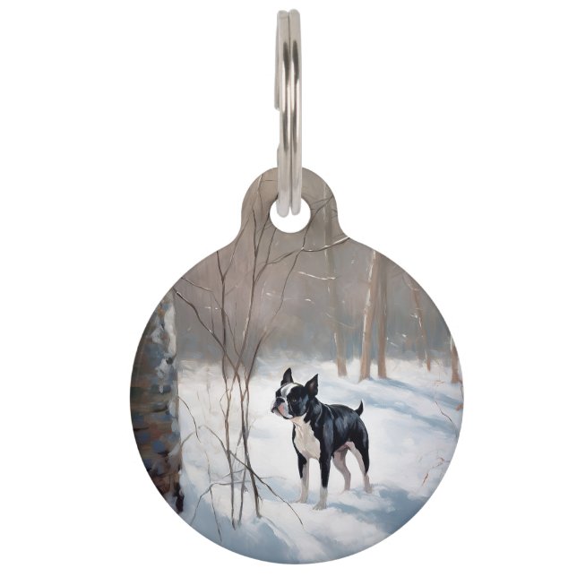Médaillon Pour Animaux Boston Terrier Laisser neiger Noël (Devant)