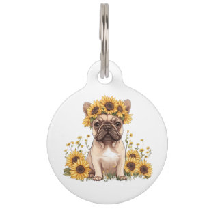 Médaillon Pour Animaux Bouledogue français entouré de tournesols