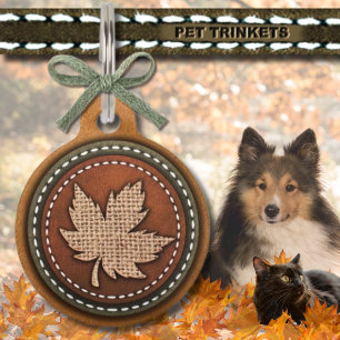 Médaillon Pour Animaux Brown Vert Pays Cuir Burlap Maple Leaf