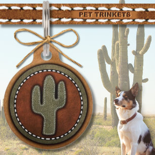 Médaillon Pour Animaux Cactus en cuir Brown vert Occidental