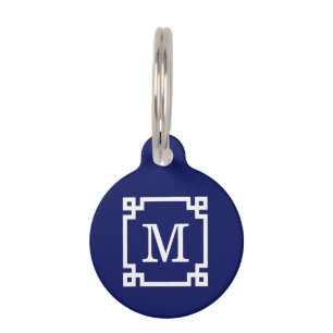 Médaillon Pour Animaux Cadre de clé grecque blanche marine #2 Monogramme