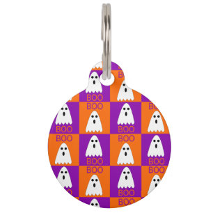Médaillon Pour Animaux Carré fantôme violet et orange de Halloween
